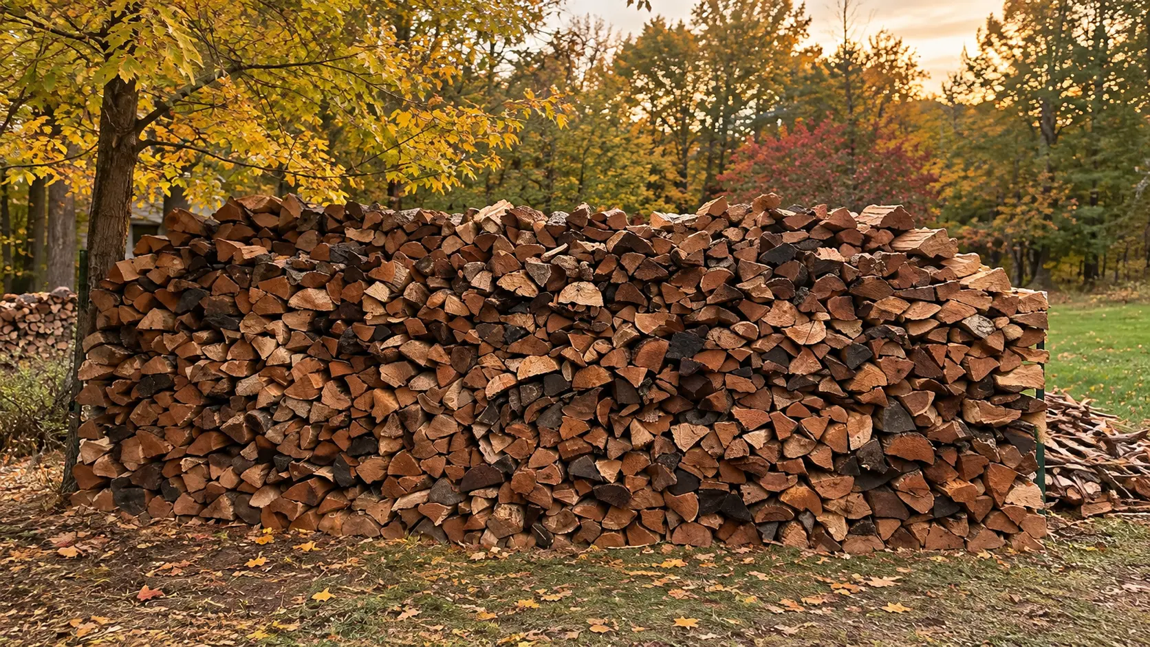 A long stack of two-year seasoned split oak in a Brule, Wisconsin wood yard in fall